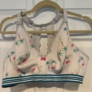 Cacique Pink Flamingo Print Bralette with Teal Stripe Band